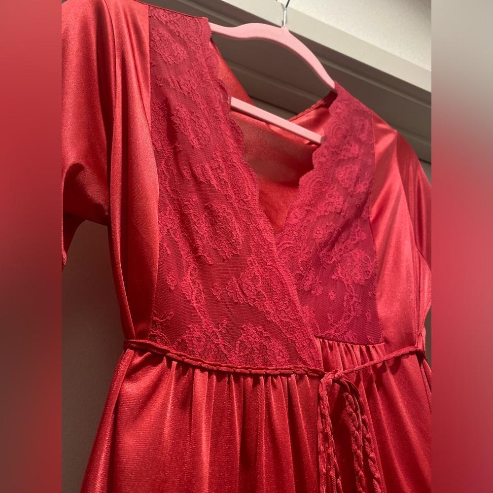 VTG Gilead 70s Fuchsia Hot Pink Deep V-Neck Lace Trim Maxi Wrap Dress Robe - S - Picture 8 of 16